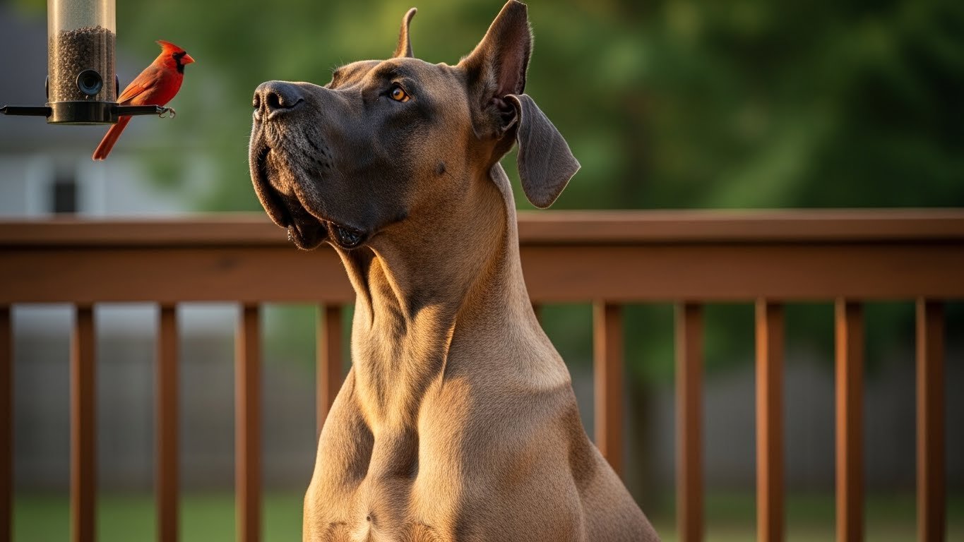 Great Dane watching bird