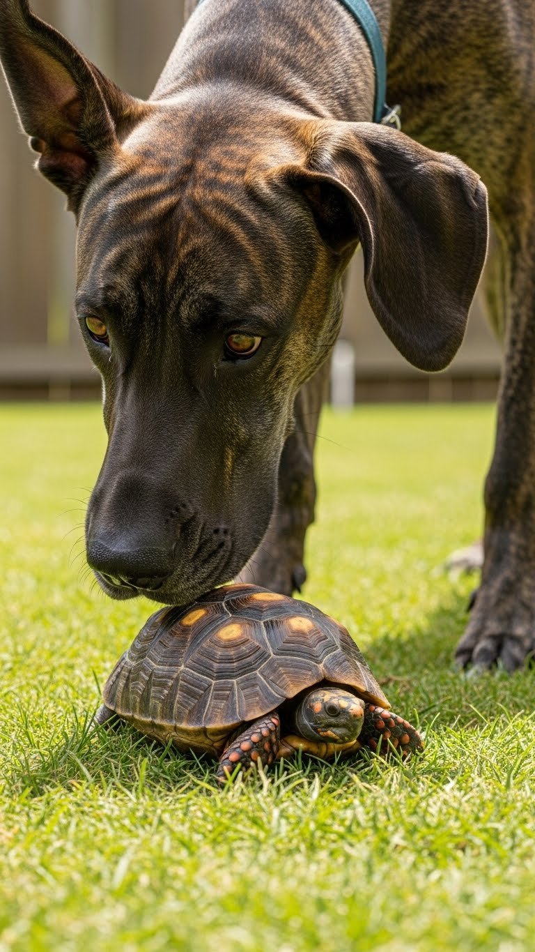 great dane sniffing tortoise